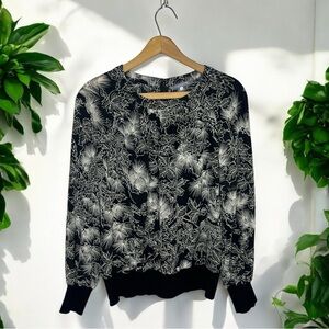 Tegan Silk Blend Blouse Black White Botanical Print Elegant Top Size 4